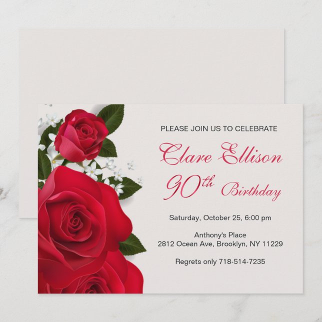 Red roses, white flowers 90th Birthday Invitation (Front/Back)
