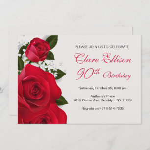 Red roses, white flowers 90th Birthday Invitation