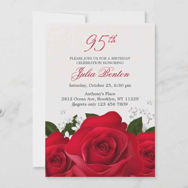 Red roses, white flowers 95th Birthday Invitation (Front)