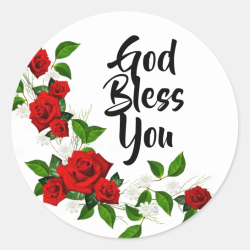 Red Roses white flowers God Bless You Classic Round Sticker