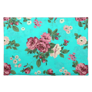 Red Roses & White Flowers On Blue-Green Background Placemat