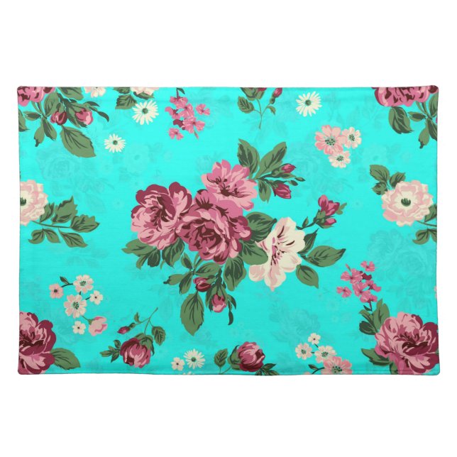Red Roses & White Flowers On Blue-Green Background Placemat (Front)