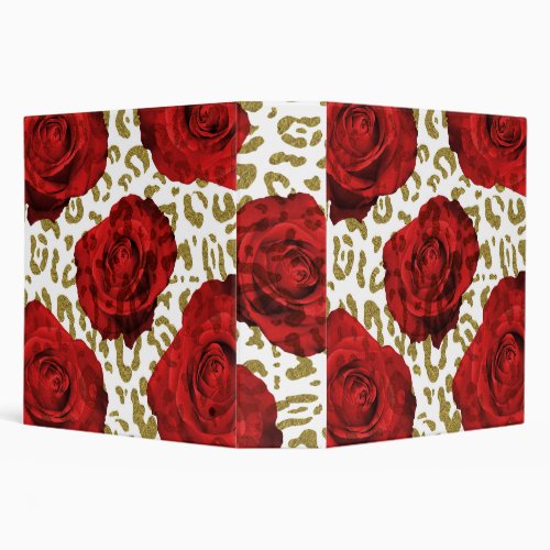 Red Roses White Gold Cheetah Leopard Animal Print 3 Ring Binder