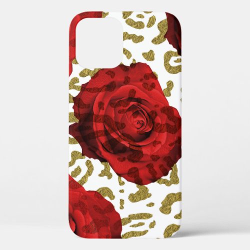 Red Roses White Gold Cheetah Leopard Animal Print iPhone 12 Case