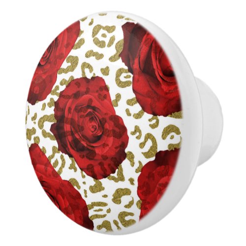 Red Roses White Gold Cheetah Leopard Animal Print Ceramic Knob