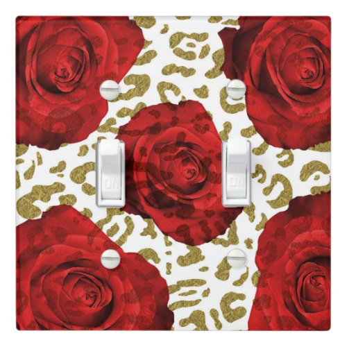 Red Roses White Gold Cheetah Leopard Animal Print Light Switch Cover