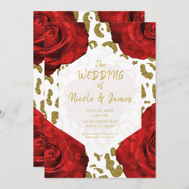 Red Roses White Gold Cheetah Leopard Chic Wedding Invitation (Front/Back)