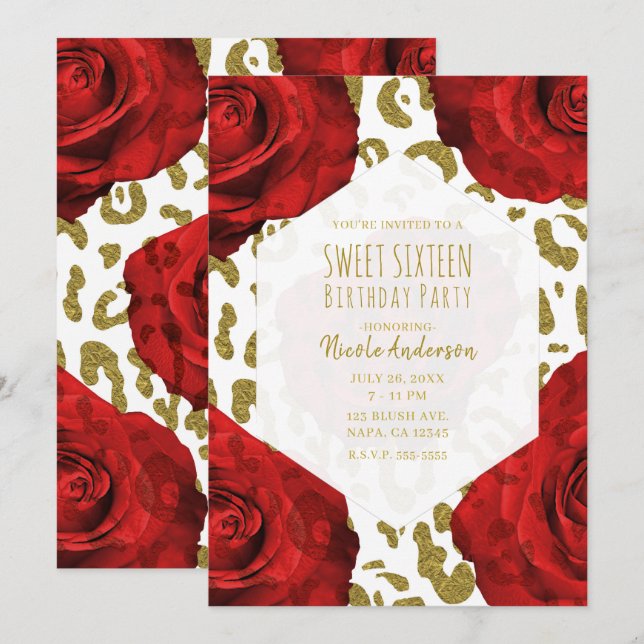 Red Roses White Gold Cheetah Leopard Sweet 16 Invi Invitation (Front/Back)