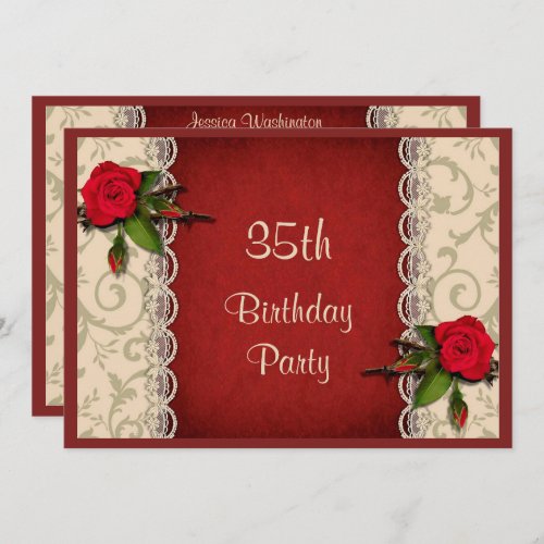 Red Roses  White Lace 35th Birthday Party Invitation