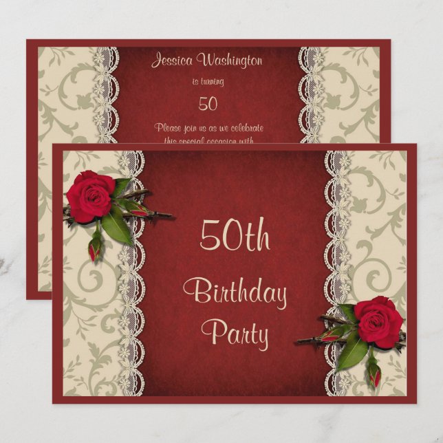 Red Roses & White Lace 50th Birthday Party Invitation (Front/Back)