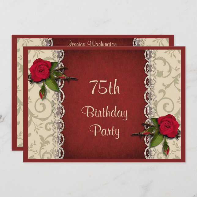 Red Roses & White Lace 75th Birthday Party Invitation (Front/Back)