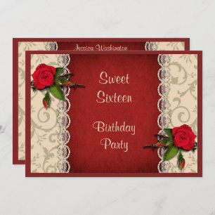 Red Roses & White Lace Sweet 16 Birthday Party Invitation