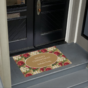 Red Roses White Lilies Merry Christmas Family Name Doormat