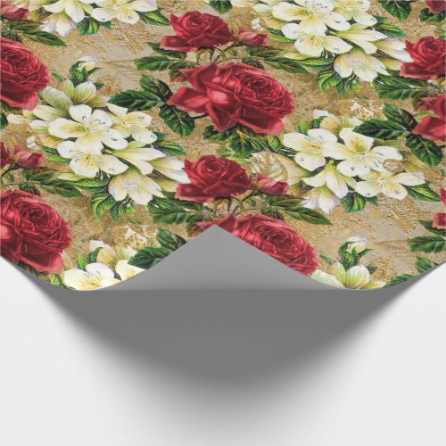 Red Roses White Lilies Vintage Christmas Floral Wrapping Paper