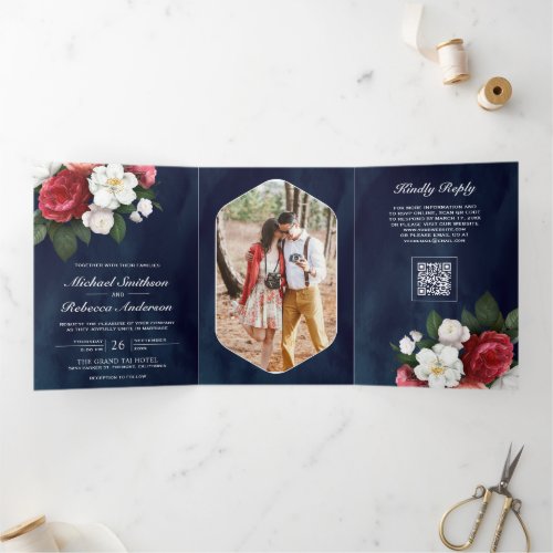 Red Roses White Magnolia Navy Blue QR Code Wedding Tri-Fold Invitation