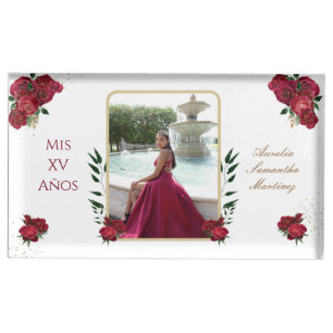 Red Roses, White, Quinceañera Place Card Holder
