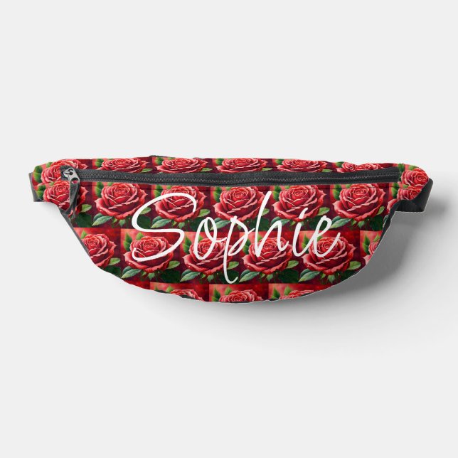Red Roses White Script Name Custom Fanny Pack (Lay Down)