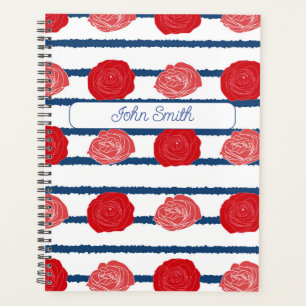 Red Roses with Blue Stripes_ Floral Pattern Script Planner
