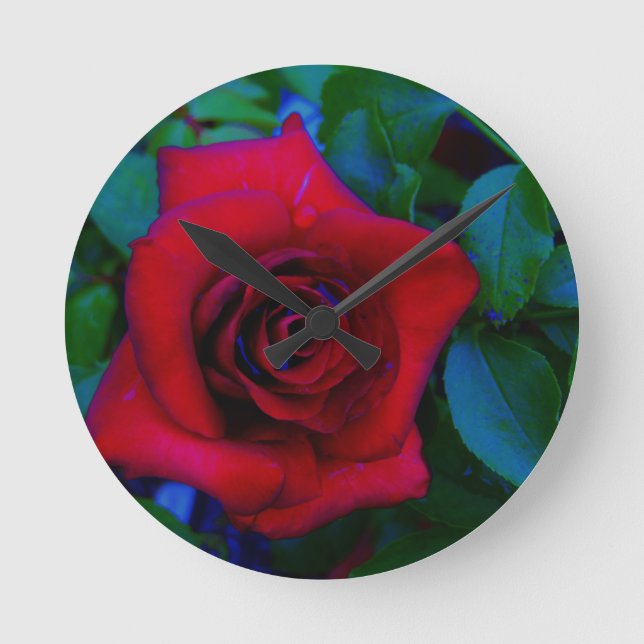 Red Roses with blue tones Round Clock (Front)