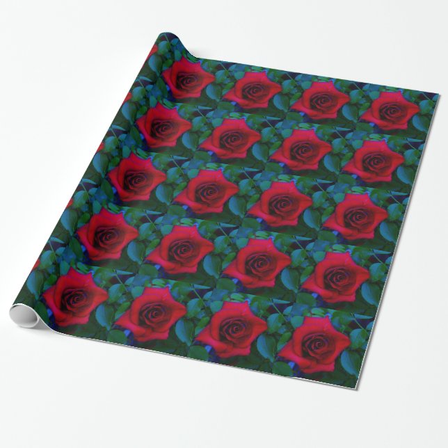 Red Roses with blue tones Wrapping Paper (Unrolled)