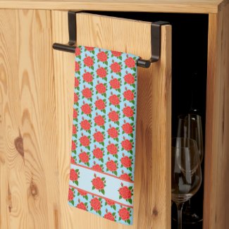 Red Roses with Buds Blue Dish Towel