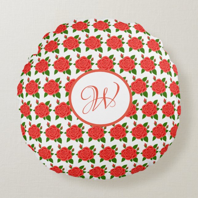 Red Roses with Buds Monogram Round Pillow (Front)