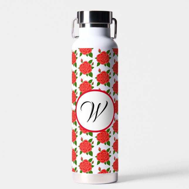 Red Roses With Buds Monogram Thor Insulated Water Bottle (Front)