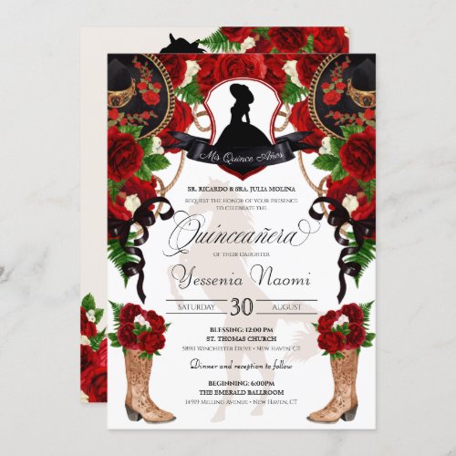 Red Roses with Crest Charro Western Elegant Quince Invitation