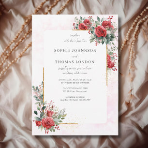 Red roses with gold frame wedding invitation