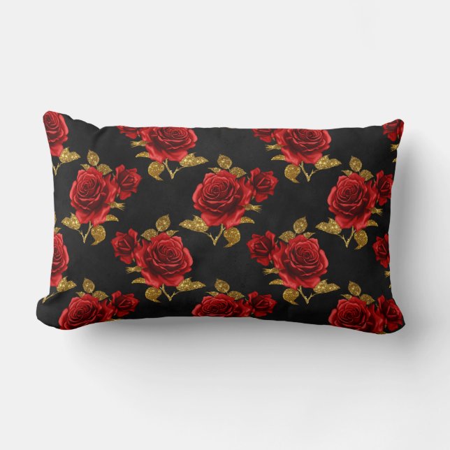 Red Roses with Gold Leaves Lumbar Pillow (Front)