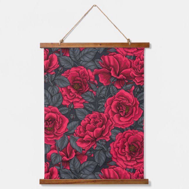 Red roses with gray leaves hanging tapestry (Front)