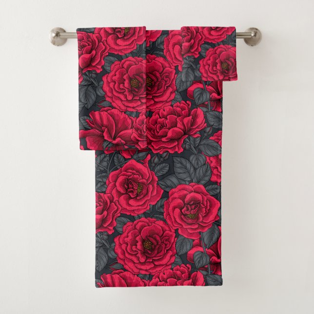 Red roses with gray leaves on black bath towel set (Insitu)