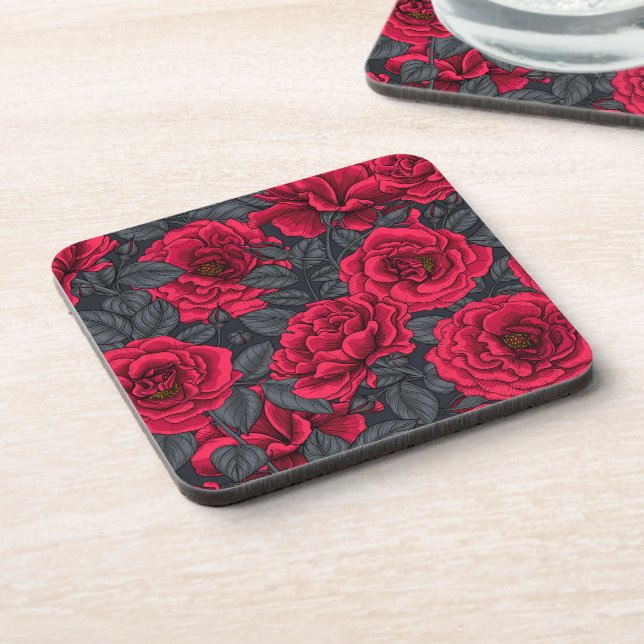 Red roses with gray leaves on black beverage coaster (Left Side)