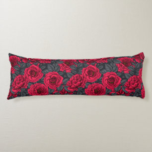 Red roses with gray leaves on black body pillow