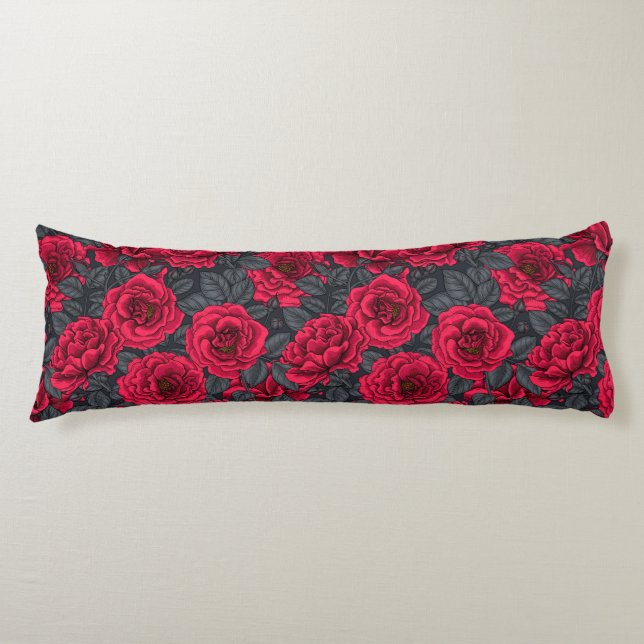 Red roses with gray leaves on black body pillow (Front)