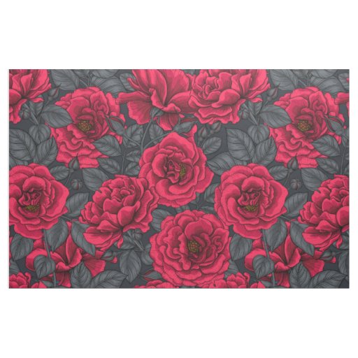 Red roses with gray leaves on black fabric