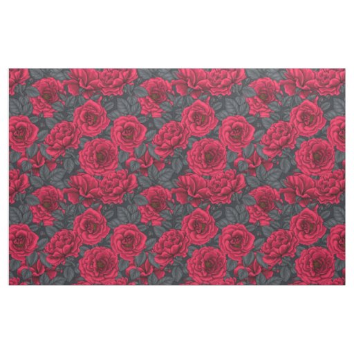 Red roses with gray leaves on black fabric