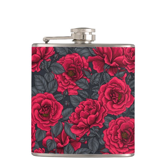 Red roses with gray leaves on black flask (Front)