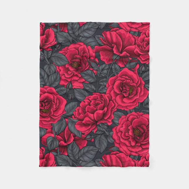 Red roses with gray leaves on black fleece blanket (Front)
