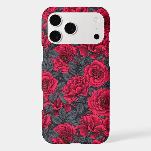 Red roses with gray leaves on black iPhone case (Back)