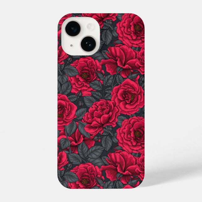 Red roses with gray leaves on black iPhone case (Back)