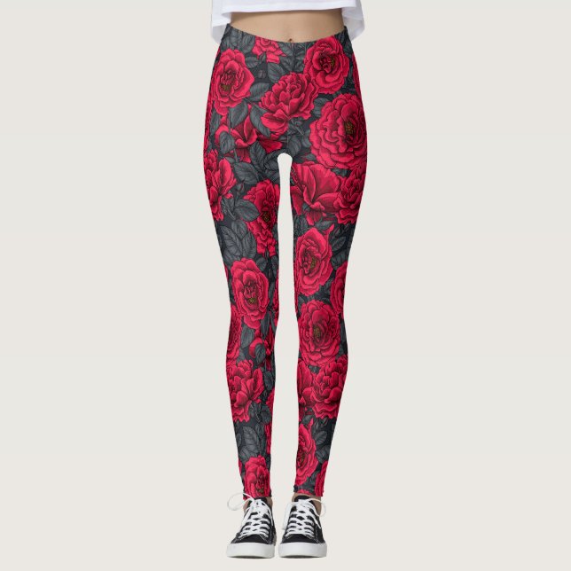 Red roses with gray leaves on black leggings (Front)