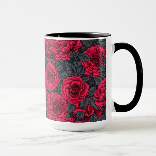 Red roses with gray leaves on black mug (Right)