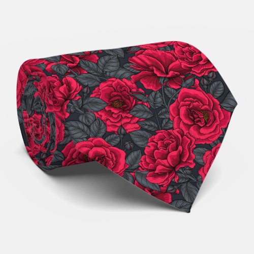 Red roses with gray leaves on black neck tie