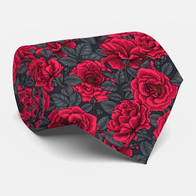 Red roses with gray leaves on black neck tie (Rolled)