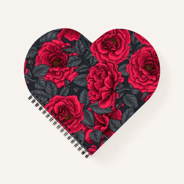 Red roses with gray leaves on black notebook (Front)