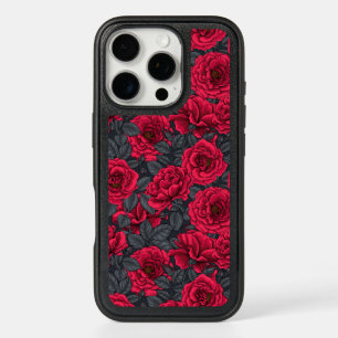 Red roses with gray leaves on black iPhone 16 pro case