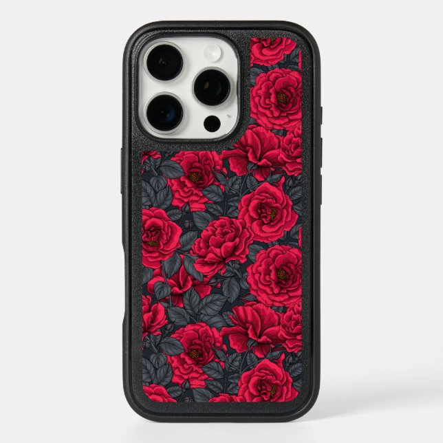 Red roses with gray leaves on black otterbox iPhone case (Back)