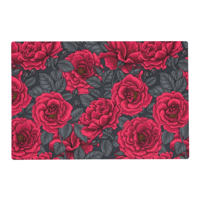 Red roses with gray leaves on black placemat (Front)