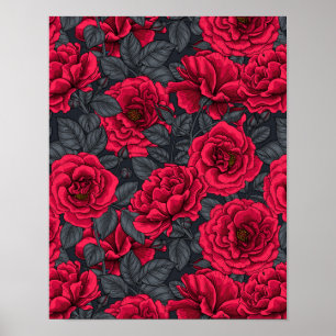 Red roses with gray leaves on black poster